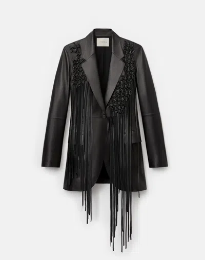 Lafayette 148 Nappa Leather Macrame Fringe Fitted Blazer In Black