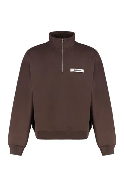 Jacquemus Grosgrain Sweatshirt With Turtleneck And Half-zip Closure In Brown