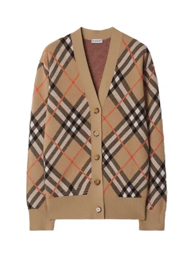 Burberry Check Pattern V-neck Cardigan In Brown