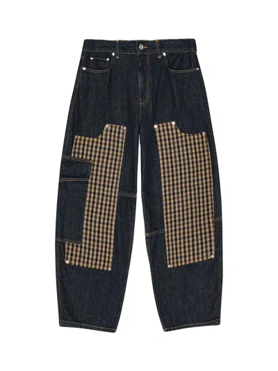 Ganni Checkered Patch Cargo Jeans In Black