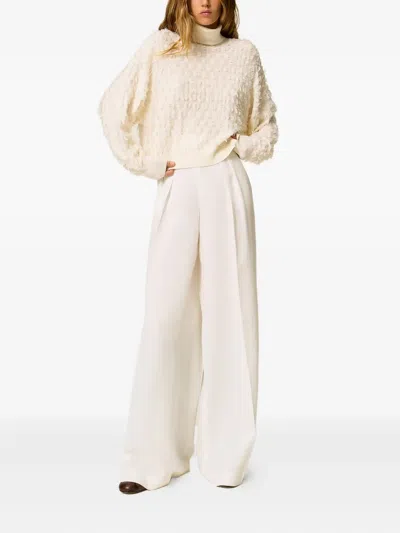 Twinset Twin-set Textured Knit Sweater With High Neckline And Oversized Sleeves In White