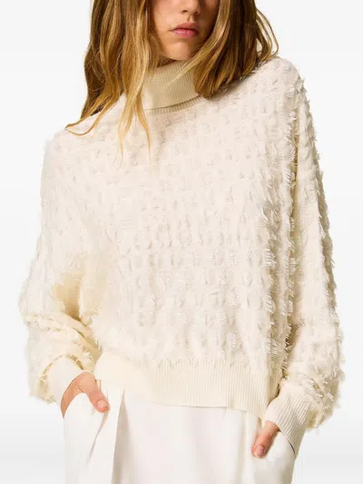 Twinset Twin-set Textured Knit Sweater With High Neckline And Oversized Sleeves In White
