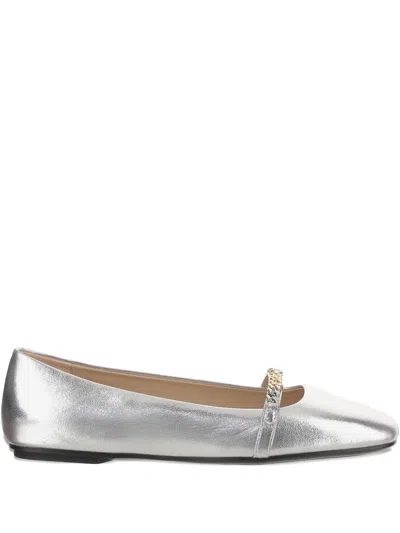 Pinko Pointed Toe Flats With Metallic Silver Finish And Chain Detail In Silver