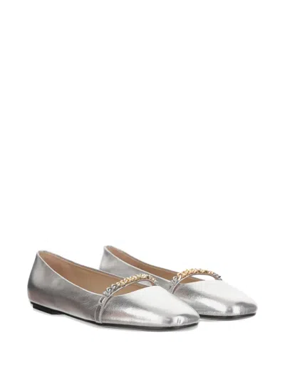 Pinko Pointed Toe Flats With Metallic Silver Finish And Chain Detail In Silver