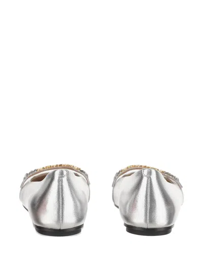 Pinko Pointed Toe Flats With Metallic Silver Finish And Chain Detail In Silver