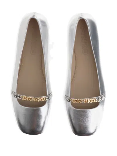 Pinko Pointed Toe Flats With Metallic Silver Finish And Chain Detail In Silver