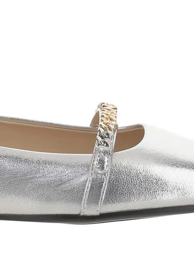 Pinko Pointed Toe Flats With Metallic Silver Finish And Chain Detail In Silver