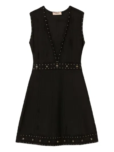 Twinset Twin-set Sleeveless Mini Dress With Deep V-neckline And Decorative Studs In Black
