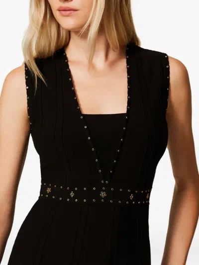 Twinset Twin-set Sleeveless Mini Dress With Deep V-neckline And Decorative Studs In Black
