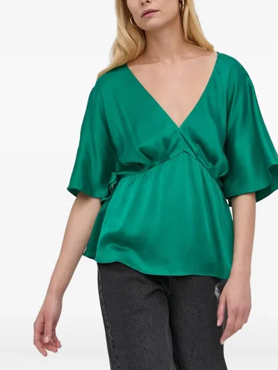 Notes Du Nord V-neck Gathered Blouse In Green