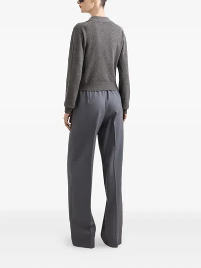 Dolce & Gabbana Knit Cropped Henley Long Sleeve Polo Top In Gray