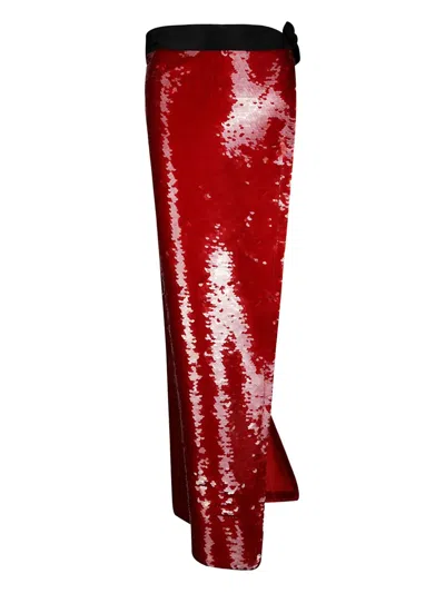 Maria Calderara Maxi Side Slit Sequin Skirt With Taffeta Band In Red