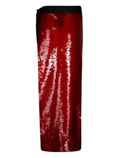 Maria Calderara Maxi Side Slit Sequin Skirt With Taffeta Band In Red
