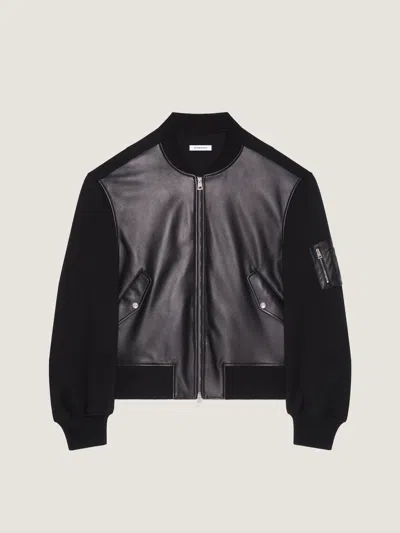 Givenchy Lambskin Leather Front Wool Bomber Jacket In Black