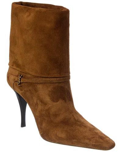 Saint Laurent Niki Suede Ysl Stiletto Ankle Booties In Brown