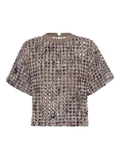 Brunello Cucinelli Balloon Net Embroidery Sweater In Neutral