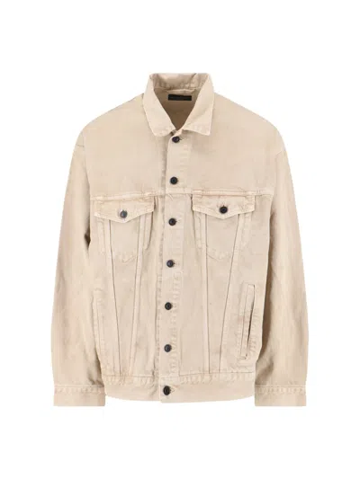 Balenciaga Beige Denim Jacket With Contrast Logo Embroidery In Multi