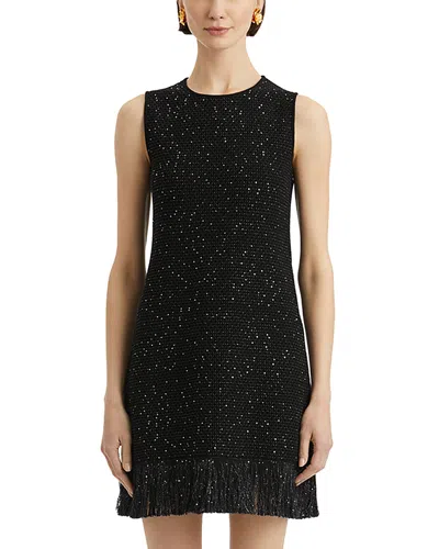 Oscar De La Renta Tweed Textured Sleeveless Fringed Mini Dress In Black