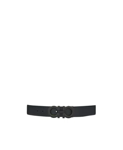 Ferragamo Black Reversible Belt With Gancini Buckle On The Front And All-over Gancini Motif In Black