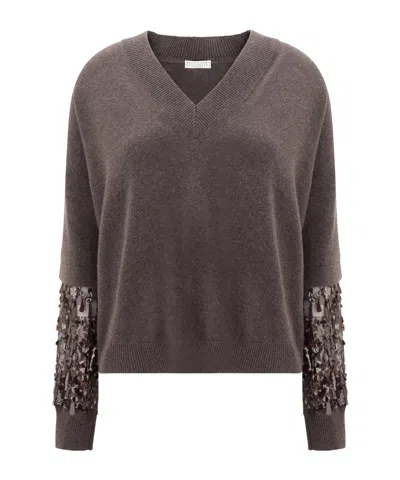 Brunello Cucinelli Brown Cashmere Embroidered Sweater In Black
