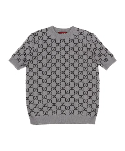 Gucci Grey Reversible Crewneck Sweater With Ribbed Trims In Gg Wool Jacquard Woman In Gray