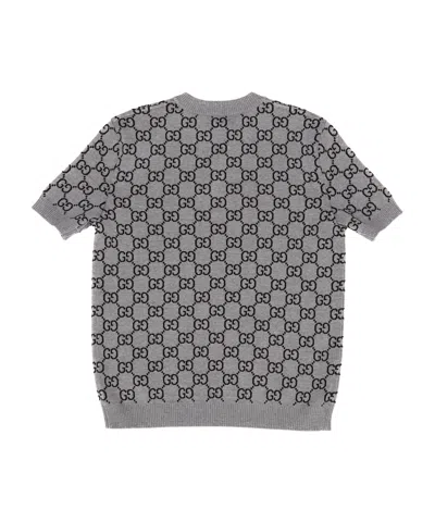 Gucci Grey Reversible Crewneck Sweater With Ribbed Trims In Gg Wool Jacquard Woman In Gray