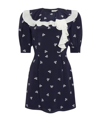 Alessandra Rich Ruffled Pleated Printed Silk Mini Dress In Blue