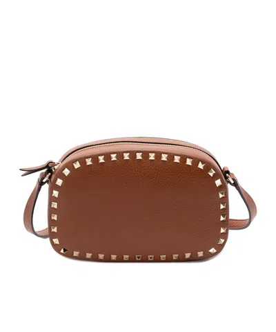 Valentino Studded Leather Crossbody Bag With Chain Strap In Brown
