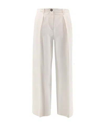 Brunello Cucinelli Women Cotton And Wool Trousers With Adjustable Drawstring In White