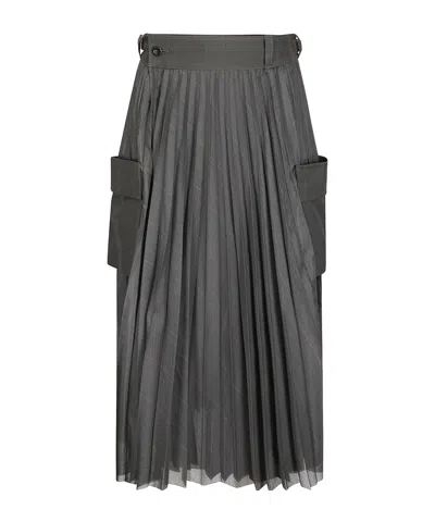Sacai Glen-check Midi Skirt With Pleated Design And Belted Waist In Gray