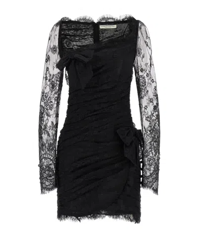 Alessandra Rich Draped Dress With Bow Accents And Lace Detailing In Black