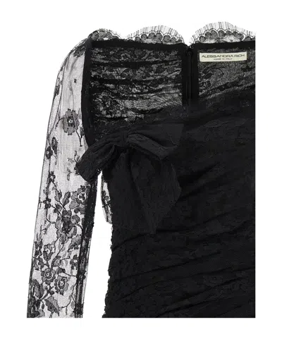 Alessandra Rich Draped Dress With Bow Accents And Lace Detailing In Black