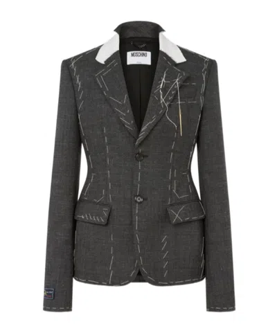 Moschino Embroidered Wool Canvas Jacket With Notch Lapel In Gray