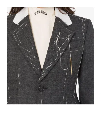 Moschino Embroidered Wool Canvas Jacket With Notch Lapel In Gray