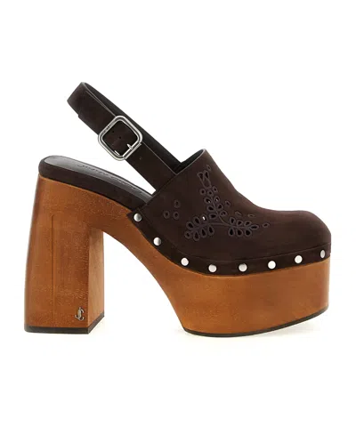 Jimmy Choo Alida 135 Embroidered Studded Suede Platform Clogs In Brown
