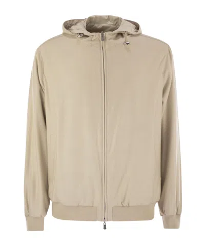 Fedeli Reversible Bomber Jacket With Hood In Cashmere Flannel And Airstop In Brown