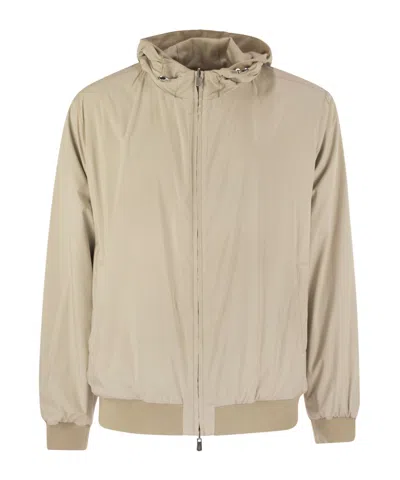 Fedeli Reversible Bomber Jacket With Hood In Cashmere Flannel And Airstop In Brown