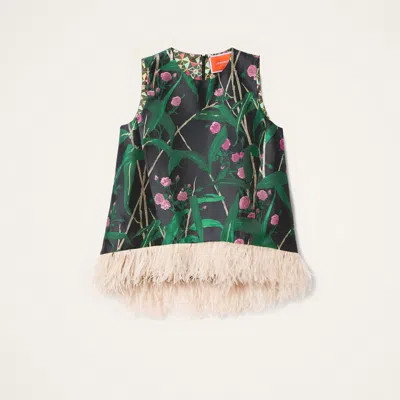 La Doublej Icon La Scala Feather-trimmed Floral-jacquard Top