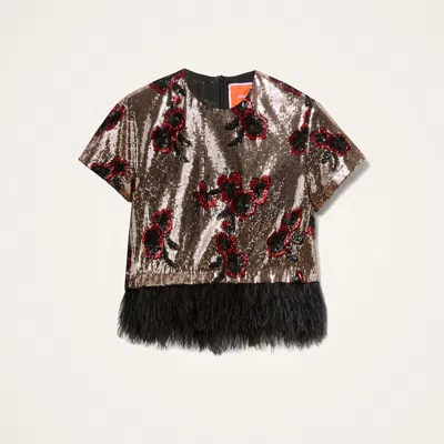 La Doublej La Scala Tee With Feathers Primrose Bronze In Black