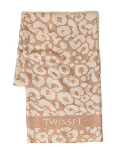 Twinset Étole Jacquard Animalière In Brown