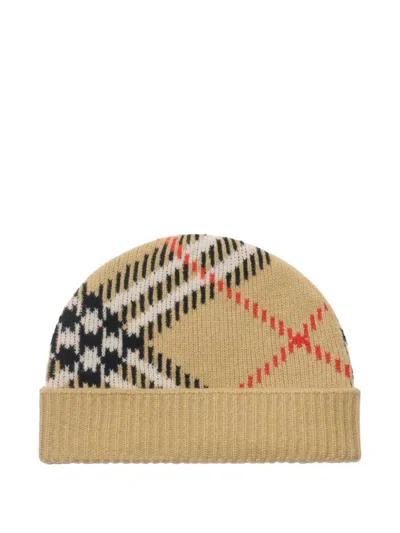 Burberry Men Cashmere Blend Check Beanie Hat In Brown