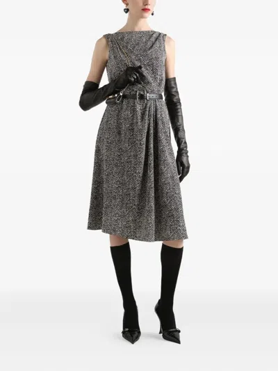 Dolce & Gabbana Wool Herringbone Midi Dress In Black