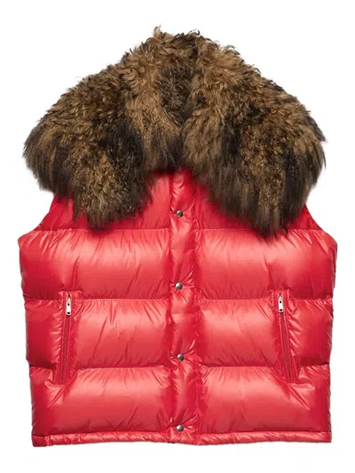 Prada Re-nylon And Shearling Down Vest In Red