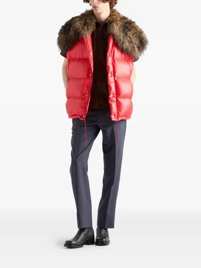 Prada Re-nylon And Shearling Down Vest In Red
