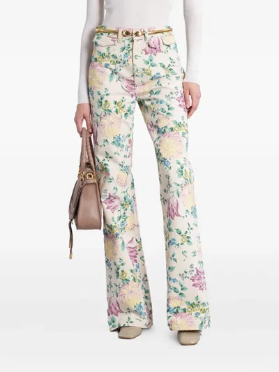Chloé Women Flare Denim Jeans With All-over Flowers Print In Multi