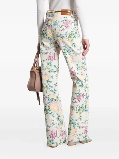 Chloé Women Flare Denim Jeans With All-over Flowers Print In Multi