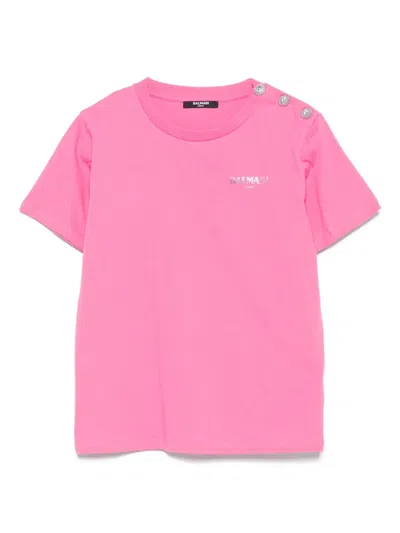Balmain Embellished-button T-shirt In Pink