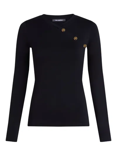 Karl Lagerfeld Button-embellished Long-sleeve Top In Black