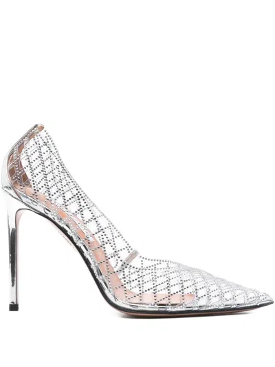 Aquazzura Lumiere 105 Metallic Leather-trimmed Crystal-embellished Cutout Pvc Pumps In Gray