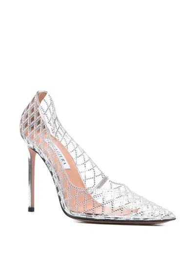 Aquazzura Lumiere 105 Metallic Leather-trimmed Crystal-embellished Cutout Pvc Pumps In Gray
